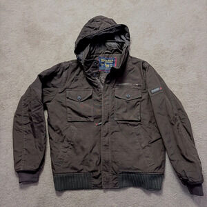 Woolrich Canvas Bomber Jacket Hood Quilted Lining Chore Field Brown Size M